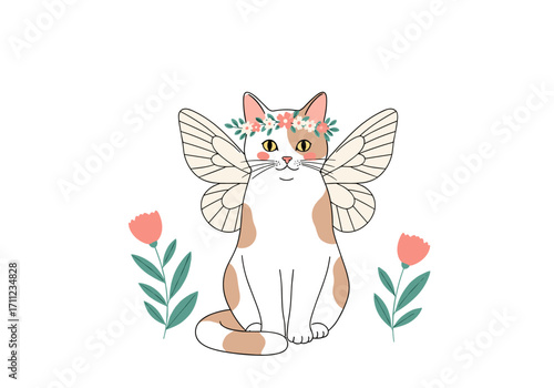 A whimsical cat with delicate butterfly wings adorned with a crown of flowers.