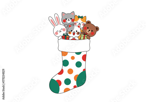A festive christmas stocking filled with cute and cuddly stuffed animal toys for holiday cheer.