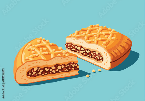 A delicious baked pastry filled with a sweet nutty mixture sliced in half on a blue background.