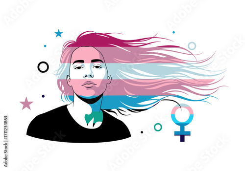 A person with their hair flowing like a transgender flag symbolizing identity and pride.