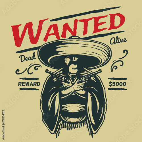 Wanted Poster: Dark-Haired Bandit with Sombrero Holding Revolvers.