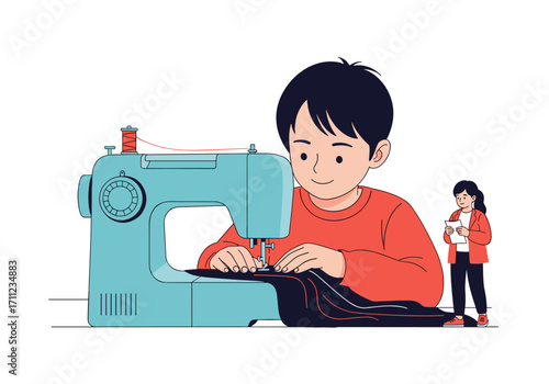 A young boy happily learning to sew with a sewing machine for the first time.