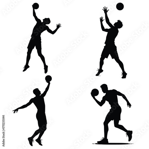 Male Volleyball Player Silhouettes in Action Poses Jumping Spiking Serving and Passing Sports Vector Illustration Isolated on White Background