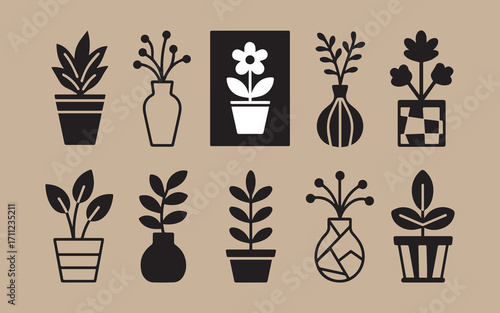 Collection of stylized potted plants and vases in silhouette on a neutral background