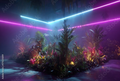Tropical plants grow under neon lights. Fog adds depth and mystery to the space. Reflections bounce off a wet floor