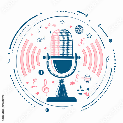 Radio advertising. Broadcasting station. Mass media marketing. Podcast content, marketing podcasts production, your content strategy concept. Pinkish coral bluevector isolated illustration