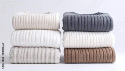 Neatly stacked ribbed knit sweaters, in a neutral palette of cream, white, brown, and gray, isolated against a plain white background