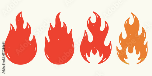Four stylized cartoon flames in red and orange hues on a cream background