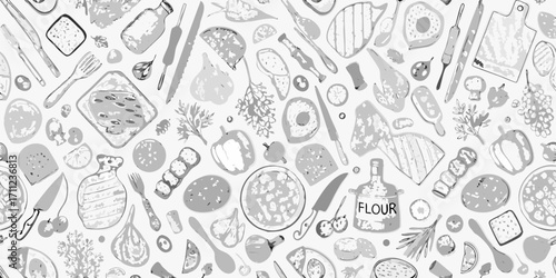 Wallpaper Mural Whimsical hand drawn sketchy food and kitchen utensils pattern background Torontodigital.ca