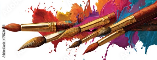 Paint brushes of various sizes sit atop of swashes of red, orange, yellow, pink, purple, and blue paint. Watercolor effect