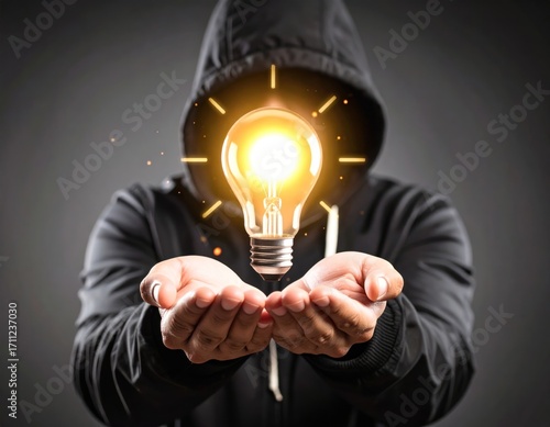 Anonymous hooded figure holding a glowing light bulb with cupped hands, against a dark background, concept of invention and creativity