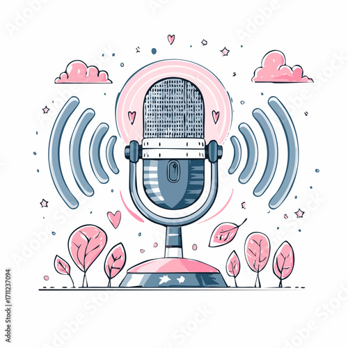 Radio advertising. Broadcasting station. Mass media marketing. Podcast content, marketing podcasts production, your content strategy concept. Pinkish coral bluevector isolated illustration