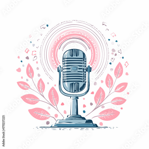 Radio advertising. Broadcasting station. Mass media marketing. Podcast content, marketing podcasts production, your content strategy concept. Pinkish coral bluevector isolated illustration