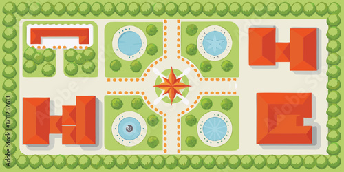 Top down view of a stylized courtyard with buildings fountains and trees