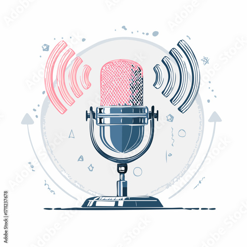 Radio advertising. Broadcasting station. Mass media marketing. Podcast content, marketing podcasts production, your content strategy concept. Pinkish coral bluevector isolated illustration