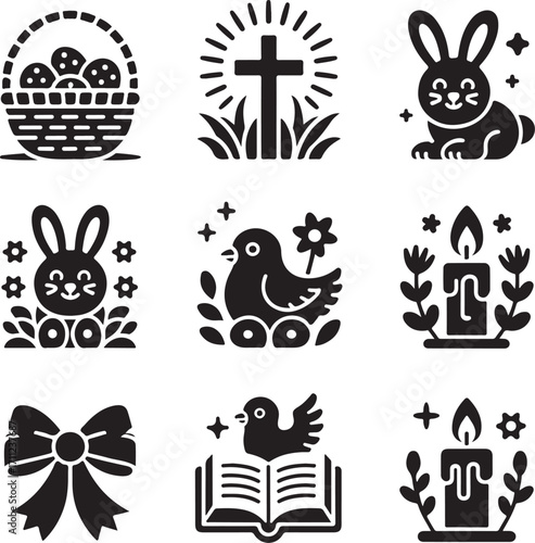 Easter & faith symbols: bunny, cross, eggs, candle, bird