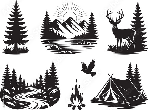 Wilderness adventure elements nature camping forest wildlife scene