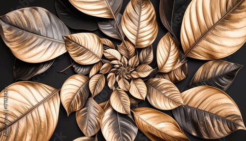 Spiral arrangement of detailed, glossy leaves in shades of gold, bronze, and gray, against a dark backdrop. Central swirl effect