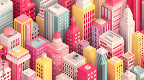 Vibrant isometric city buildings in a playful and colorful urban landscape.