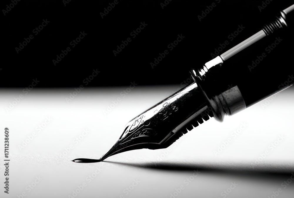 Naklejka premium Close-up of a fountain pen poised over white paper, casting shadows, rendered in high contrast black and white for dramatic effect