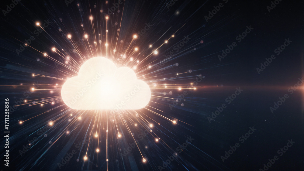 Naklejka premium Bright glowing cloud with rays of light symbolizing futuristic cloud computing