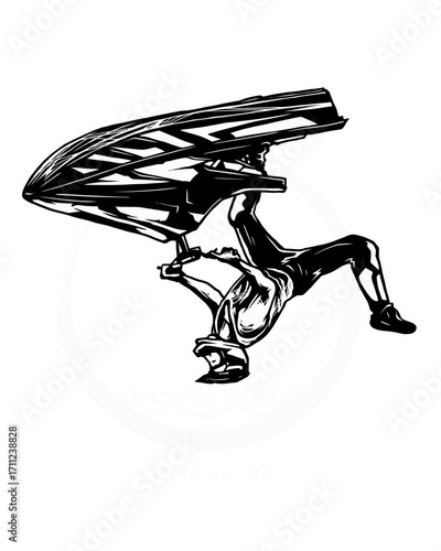 Jetski Rider Performing a Backflip Dynamic Black Ink Illustration.