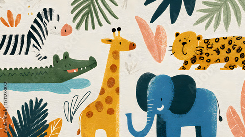African animals illustration featuring zebra giraffe elephant crocodile and leopard.