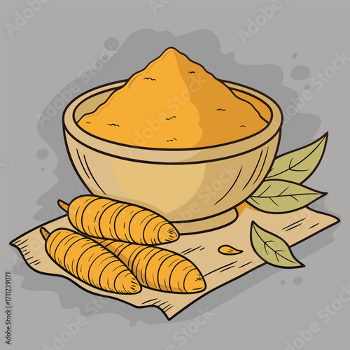 Bowl overflowing with yellow powder sits next to fresh turmeric roots and leaves