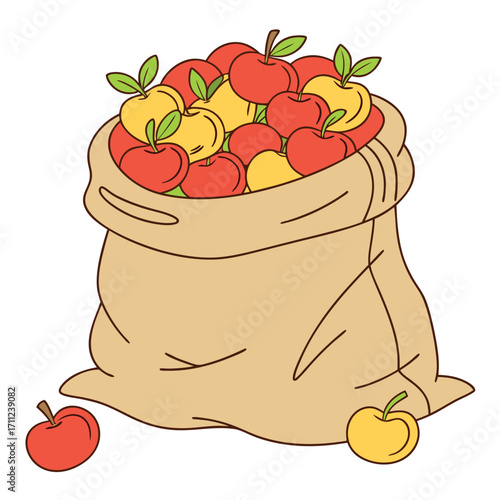 Cartoon bag overflowing with red and yellow apples scattered around on a white background