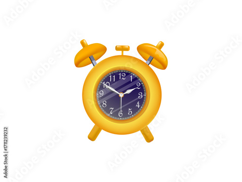 3D realistic alarm clock vector illustration with classic analog design, metal bells, vibrant shadows and highlights isolated on a white background