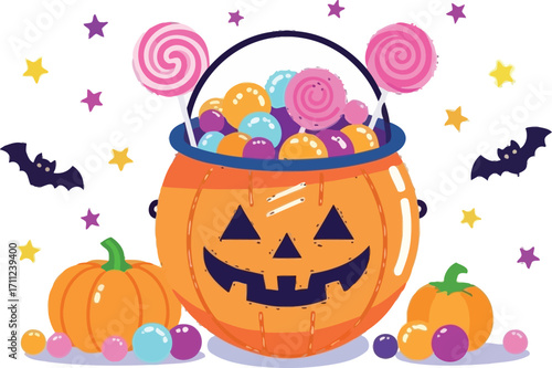 Spooky Halloween pumpkin bucket overflowing with colorful candies and treats, festive bats and stars