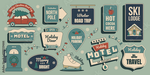 Vintage Christmas Road Trip. Retro winter holiday sticker sign set with Christmas ornaments, snowy motel, lodge and more. Vector illustration in mid century 50s style
