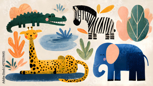 Cute safari animals illustration set.