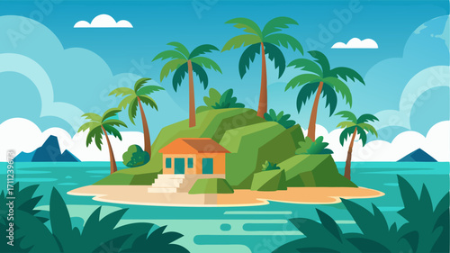 A secluded island sanctuary adorned with lush flora and swaying palm trees a haven for relaxation.