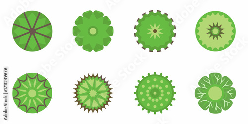 Collection of eight stylized green plant and tree top view icons with geometric patterns