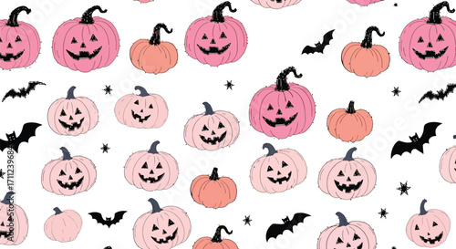 Whimsical pink pumpkins and playful bats create a charming and festive Halloween pattern
