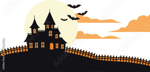 Spooky haunted mansion silhouetted against a full moon with bats flying by
