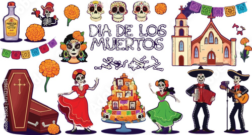 Vibrant Dia de los Muertos celebration with skeletons, marigolds, church, and mariachi band
