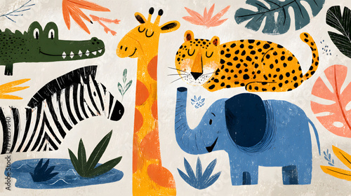 Colorful collection of cute illustrated safari animals for kids.