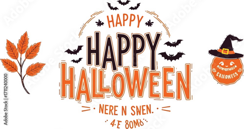 Spooky Happy Halloween bats pumpkin witch hat autumn leaves festive greeting design