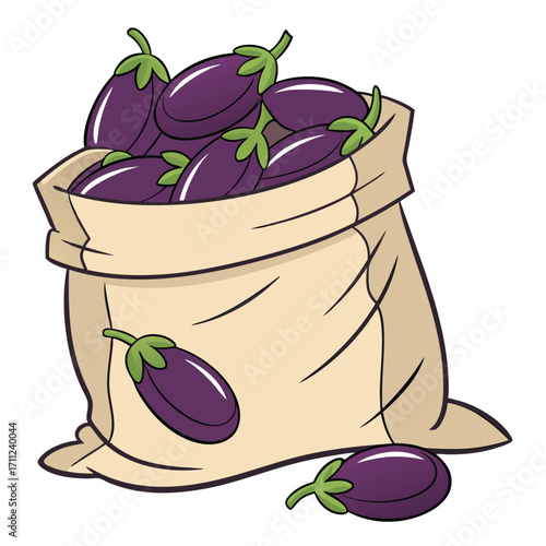 Burlap sack is filled with ripe cartoon eggplants on a transparent background