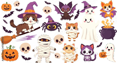 Adorable Halloween characters including cats, ghosts, mummies, bats, spiders, and pumpkins for festive celebrations