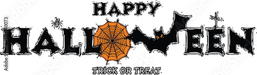 Spooky Halloween graphic with bats, spiderwebs, and trick or treat text for festive celebrations