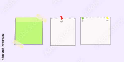Blank note board vector illustration with realistic tape and push pin design. Empty space for messages, reminders, memos or notices on a corkboard style layout