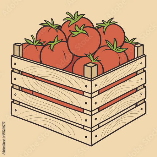 Ripe red tomatoes sit neatly packed inside a light wooden crate against tan backdrop