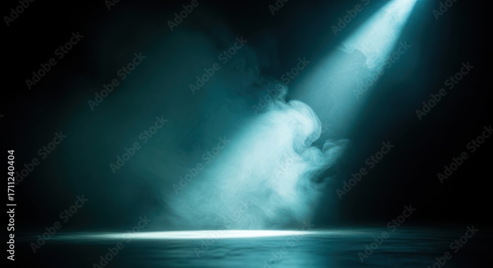 Fototapeta premium Dramatic spotlight beam illuminating smoke and dust particles in a dark, atmospheric setting