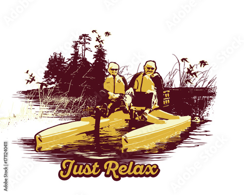 Two Men Relaxing on a Pedal Boat Enjoying the Outdoors.