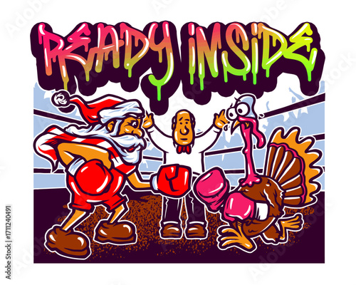 Santa Claus and Turkey Boxing Match Funny Christmas Illustration.