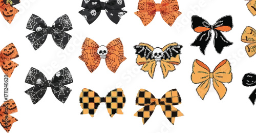 Spooky Halloween Bows Collection featuring pumpkins, skulls, bats, and spiderwebs for festive crafting