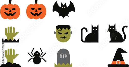 Spooky Halloween icons create festive fun perfect for holiday decorations and party invitations